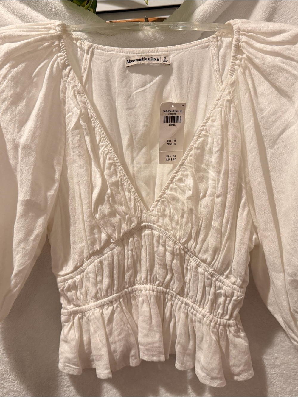 Abercrombie & Fitch White Ruched V-Neck Peplum Top